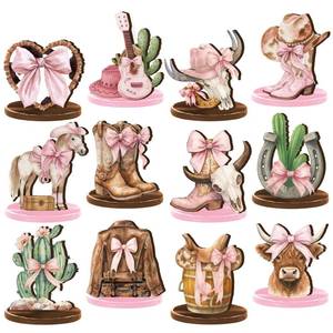 lot 19438 image: Wesiti 12 Pcs Cowgirl Party Decorations for Table Western Cowgirl Table Decorations Coquette Wooden Bownot Boot Hats Centerpiece Tabletop Decor for Tiered Tray Decor Bachelorette Favor - Retail $15