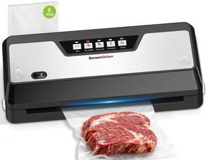 lot 19442 image: Bonsenkitchen Vacuum Sealer, Multi-Functional Food Sealer with 1 Roll Bag 5 Bags, Fast-Compact Design  Bag Storage  Built-in Cutter, External Vacuum System & Accessory Tube, Silver - Retail $35