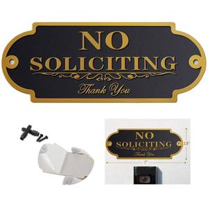 lot 19448 image: Toplusesse Metal No Soliciting Sign for House 2.8 x 7 No Soliciting Sign for Front Door Strong Adhesive No Solicitation Signs for Home Office, Durable UV and Weather Resistant - Retail $10