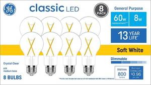 lot 19450 image: GE 60 Watt EQ A19 Classic Crystal Clear Soft White Medium Base (e-26) Dimmable LED Light Bulb 7 Pack - Retail $11