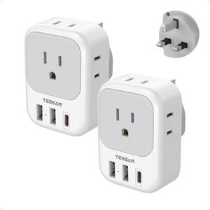 lot 19457 image: UK Adapters for Travel 2 Pack, TESSAN Type G US to UK Plug Adapter with 4 Outlets 3 USB Charger(1 USB C PD 20W), Power Adaptor for USA to Ireland Scotland Dubai Hong Kong England British Kenya London - Retail $28