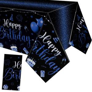 lot 19477 image: Tudomro 1 Pcs Happy Birthday Tablecloths Happy Birthday Party Decorations Plastic Table Cover Rectangular Cloths for Women Men Baby Shower Party Supplies, 108 x 54 Inch (Black Blue) - Retail $7