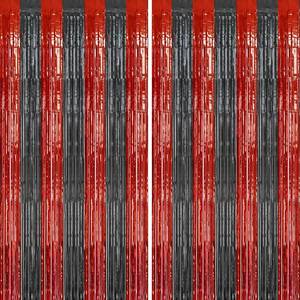 lot 19480 image: DECOCKRAT 2 Pack Foil Fringe Backdrop - Red&Black Shiny Tinsel Curtains for Party DecorationPhoto Booth Props - 3.3x6.6 FT Metallic Foil Backdrop for Birthday, Wedding, Graduation, Christmas. - Retail $6