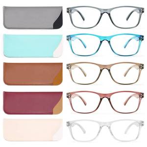 lot 19495 image: Fetrrc Reading Glasses Blue Light Blocking, Computer Glasses for Women Men, Fashion Square Eyeglasses 5 Pairs (Grey  Blue  2 Brown  Clear, 3.25) - Retail $16
