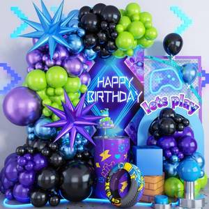 lot 45530 image: Blue Purple Balloon Garland Arch Kit, 104 PCS Metallic Purple Blue Black and Green Balloons with Star Balloons for Kids Boys Video Game Night Birthday Party Decorations - Retail $15