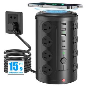 lot 45539 image: Tower Power Strip with 15W Wireless Charger, 15FT Extension Cord with Multiple Outlets, 16 AC Outlets & 5 USB (2 USB C) Charging Station Surge Protector for Office Home Dorm Room (Black) - Retail $40