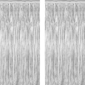 lot 45544 image: 2 Pack Tinsel Backdrop, 3.28 FT x 7.05 FT Birthday Party Decorations, Silver Party Streamer Fringe Curtains Foil Backdrop, Metallic Silver Photo Props Party Supplies Party Decor - Retail $6