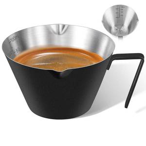 lot 45546 image: 1Pc Stainless Steel Espresso Cups, Double Spout Metal Measuring Cup with Dual Scale, Espresso Shots Cup with Handle, Coffee Bean Weighing (Black), 3.4oz100ml - Retail $10