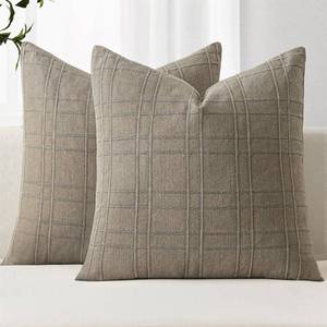 lot 45553 image: Decorative Linen Check Throw Pillow Covers Neutral Farmhouse Vintage Pillow Covers 18x18 Set of 2 Boho Modern Winter Home Decor for Sofa Couch Bedroom Cushion Tan Taupe - Retail $17