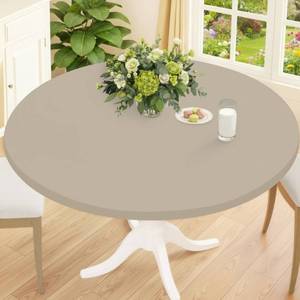 lot 45572 image: Round Spandex Tablecloth, Elastic Fitted Washable Tablecloths for 57-68 Tables, Waterproof Stretch Picnic Table Cover for Dining, Indoor and Outdoor, Taupe - Retail $19
