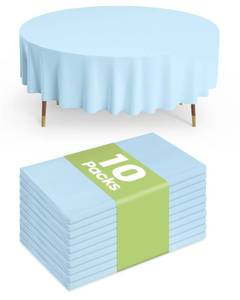 lot 45595 image: Plastic Table Cloth Disposable 10 Pack, 84 Round Table Cloths, Easter Party, Picnic, Wedding, Decorative Tablecloths, Round, Baby Blue Plastic Cover, Leakproof & Sturdy, Light Blue - Retail $23