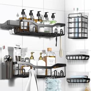lot 45599 image: Shower Caddy Adhesive Shower Organizer 7-Pack, Rustproof Stainless Steel Bathroom Shelves, Large Capacity No-Drill Rack Storage Accessories with Soap Dish Toothbrush Holder &24 Hooks Home Decor - Retail $14