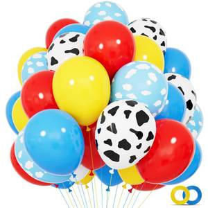 lot 45605 image: 68Pcs Red Yellow Blue Toy Balloons 12 Inch Light Blue Cloud Cow Print Balloons for Babys Birthday Story and Football Party Themed Decorations. - Retail $8