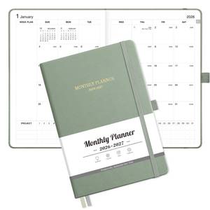 lot 45634 image: 2026-2027 Monthly Planner, Jan 2026 - Dec 2027, Medium Size (5.7 x 8.3), 2026-2027 Calendar, 24 Self-adhesive Monthly Tabs, Leather Hardcover, 100 GSM Thick Paper (Light Green) - Retail $11