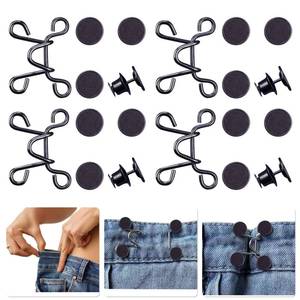 lot 45673 image: 4 Set Pant Waist Tightener, Adjustable Waist Buckle Set, Extra Button for Jeans to Make Tighter, Button Adjuster for Pants, Jeans, Skirts, Sleeves, (Black) - Retail $6