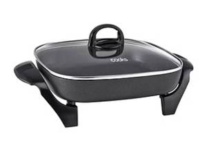 lot 45682 image: 12x12 inch Nonstick Electric Skillet, Adjustable Temperature Control, Vented Glass Lid - Retail $70