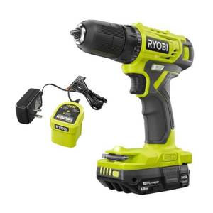 lot 16632 image: NEW Ryobi 18-Volt ONE Cordless 38 in. DrillDriver Kit (PDD209K) with 1.5 ah lithium battery and charger - Retail $65
