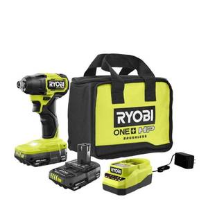 lot 16713 image: ONE HP 18V Brushless Cordless Compact 14 in. Hex Impact Driver Kit with (2) 1.5 Ah Batteries and Charger - Retail $139
