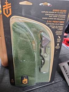 lot 16725 image: Gerber Gear Cuffless Design Green Beanie & E.A.B. Pocket Knife Gift Set B1 - Retail $30