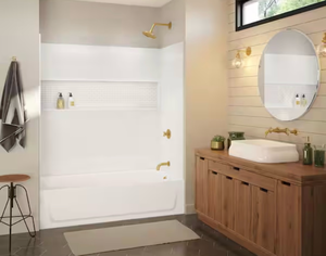 lot 16747 image: Bootz Industries NexTile 60 in. W x 32 in. D x 60 in. H Four-Piece Direct-to-Stud Composite Alcove Tub Surround in White - Retail $512