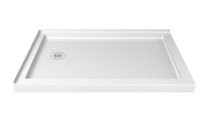 lot 16751 image: DreamLine SlimLine 32 in. W x 48 in. L Corner Double Threshold Shower Pan Base with Left Drain in White - Retail $319
