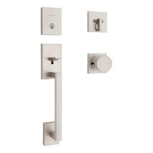lot 16819 image: San Clemente Single Cylinder Low Profile Door Handleset wSquare Pismo Knob featuring SmartKey Security in Satin Nickel - Retail $159