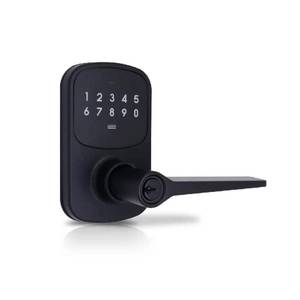 lot 16823 image: Compact Touch Matte Black Electronic Touchpad Keyed Entry Door Handle with Freedom Style Lever - Retail $70