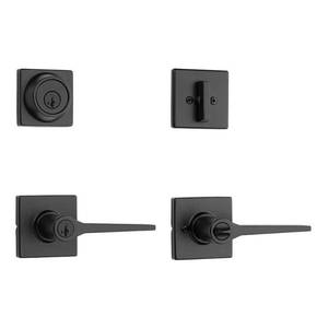 lot 16824 image: Hollis Matte Black Keyed Entry Door Lever and Single Cylinder Deadbolt Combo Pack ft SmartKey Security - Retail $54