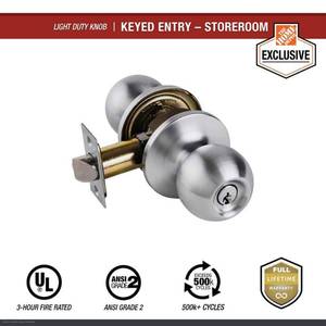 lot 16831 image: Light Duty Commercial Storeroom Knob, UL 3-Hour Fire, ANSI Grade 2, Satin Chrome Finish - Retail $48
