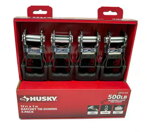lot 16839 image: Husky12 ft. x 1 in. Ratchet Tie-Down Straps with S-Hook (4-Pack) - Retail $19