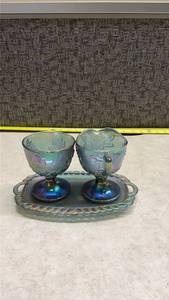 lot 1344 image: Iridescent Carnival Glass Grape Pattern Cream & Sugar Set with Tray