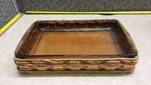 lot 1367 image: Pyrex Glass Baking Dish with Wicker Basket Holder