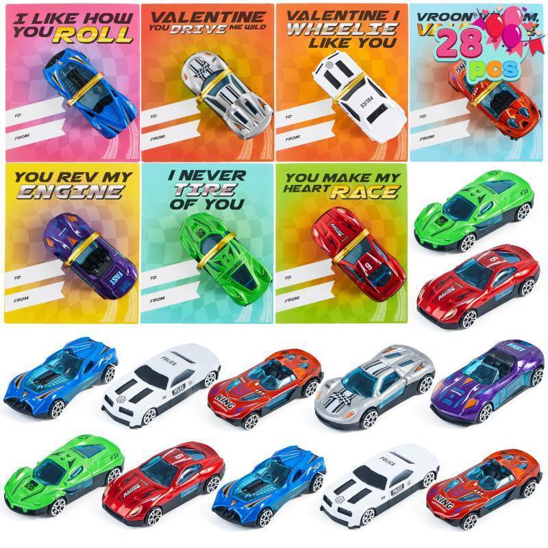 lot 41149 image: JOYIN 28 Valentines Day Gifts Cards with Die-Cast Racing Cars Vehicle for Kids School Classroom Exchange Party Favor Gift Supplies - Retail $35