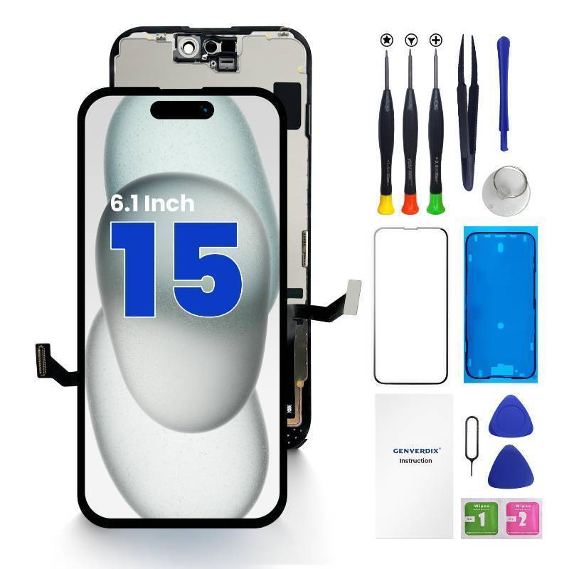 lot 41156 image: Genverdix for iPhone 15 Screen Replacement, 6.1 inch 3D Touch LCD Display Full HD Repair kit, Digitizer Assembly with Tools Set, Tempered Glass, Waterproof Frame Adhesive - Retail $40
