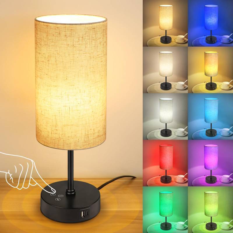 lot 44512 image: Unicozin Table Lamp, 3 CCT 3000K4500K6500K & RGB Color Changing, Stepless Dimmable Small Bedside Lamp for Reading, Ambience Nightstand Light for Home Decor Party, Beige Shade - Retail $26
