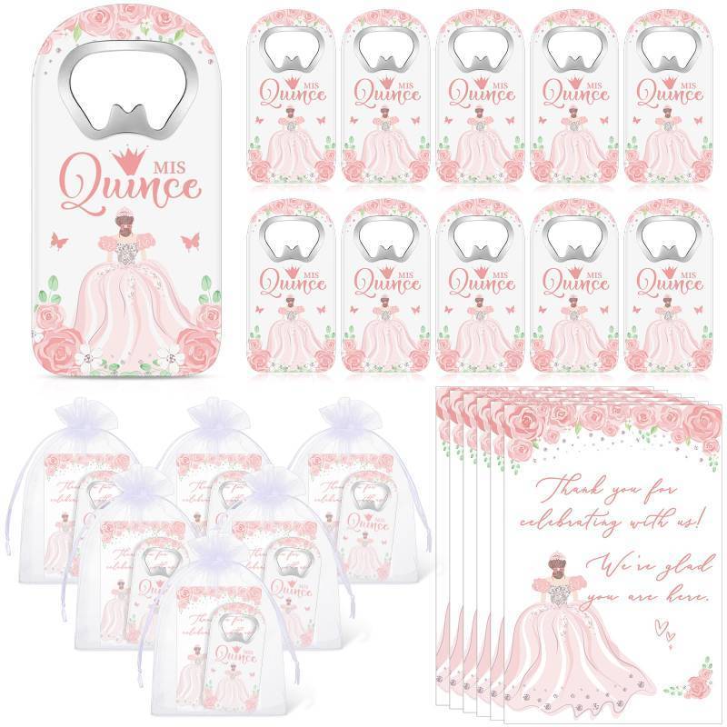 lot 44835 image: Yiyiring 50 Sets Quinceanera Party Favor Gifts for Guests Bottle Opener Fridge Magnet with Thank You Card and Organza Bag 15 Years Birthday Party Favors for Girls Souvenirs (Pink) - Retail $40