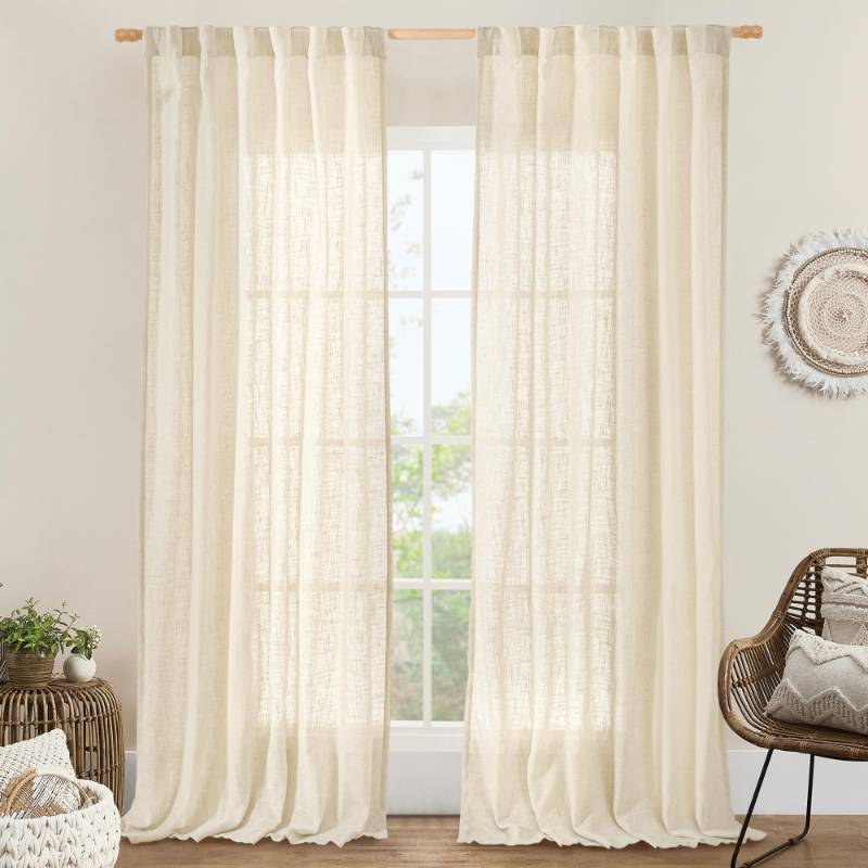 lot 49613 image: LAMIT Living Room Linen Curtains 95 Inch for Bedroom, Back Tab and Rod Pocket Linen Textured Sheer Curtains Light Filtering Boho Drapes for CanopyNursery, 2 Panels, 52 x 95 Inch, Beige - Retail $40