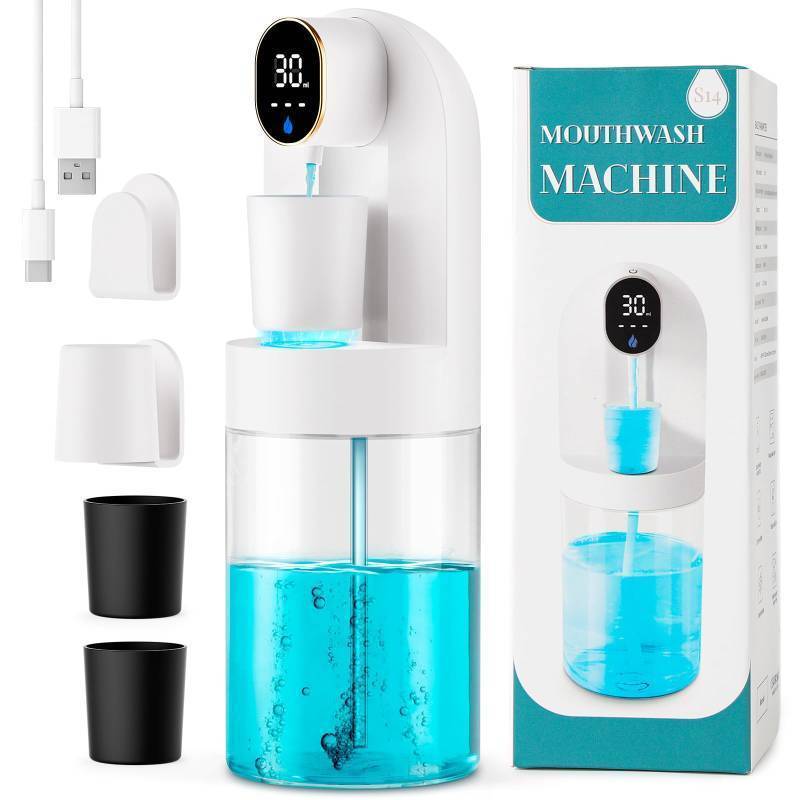 lot 50477 image: Automatic Mouthwash Dispenser for Bathroom, 21.12 oz Touchless Smart Mouth Wash Dispensers Bathroom Accessories Set with 4 Magnetic Cups, 4 Modes Wall Mounted Mouth Wash Dispenser for Home & Kids pre owned - Retail $84