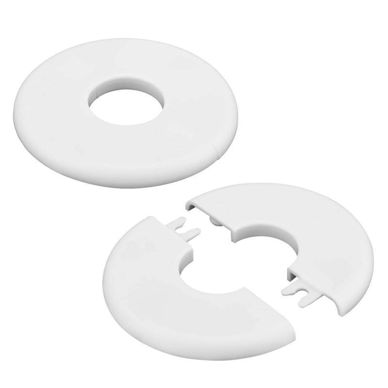 lot 58854 image: 2pcs Round Wall Split Flange, 29mm Buckle Design Plumbing Cover Plates Self-Adhesive Faucet Escutcheon Plate ABS Pipe Flange Cover for Faucet Bathroom Kitchen Toilet (White) - Retail $6