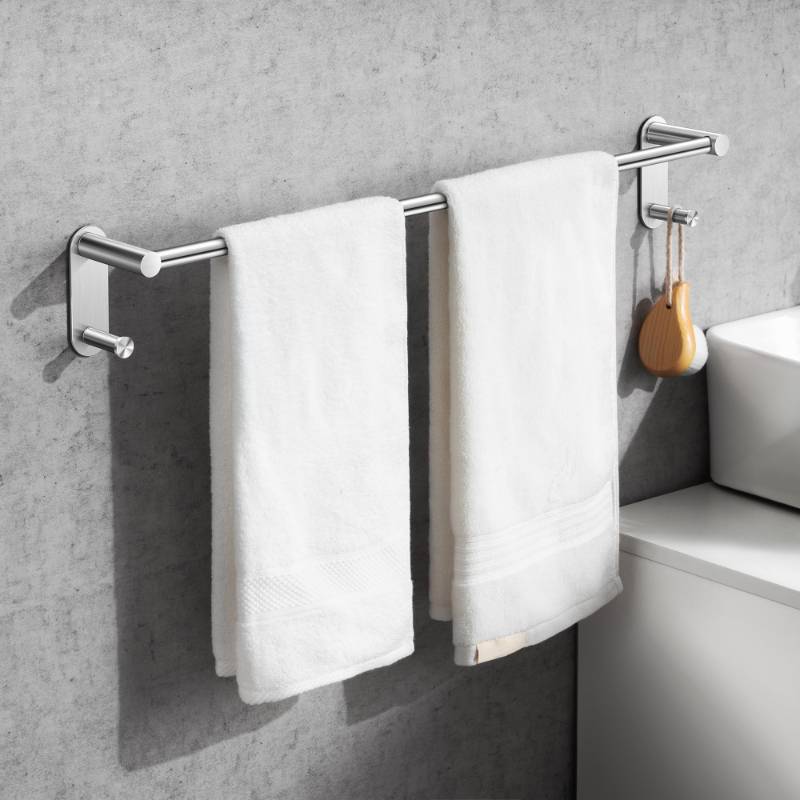 lot 44797 image: Adhesive Towel Bar - Stainless Steel Stick on Towel Rack for Bathroom, No Drilling Towel Holder with 2 Hooks, Brushed Nickel 24 inch - Retail $10