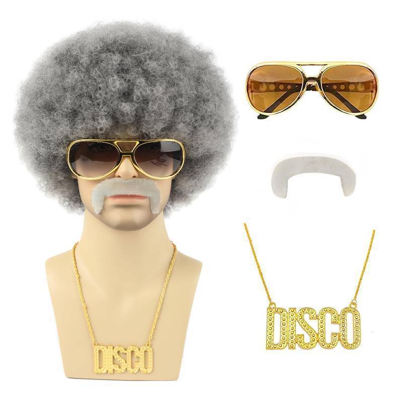 lot 50405 image: TUOFLY 70s Grey Afro Wig for Men 5Pcs Set (Wig Glasses Necklace Mustache Wig Cap) Natural Fluffy Afro Disco Costumes Wig Curly Synthetic Hair Wig for Halloween Chrismas Cosplay Party - Retail $20