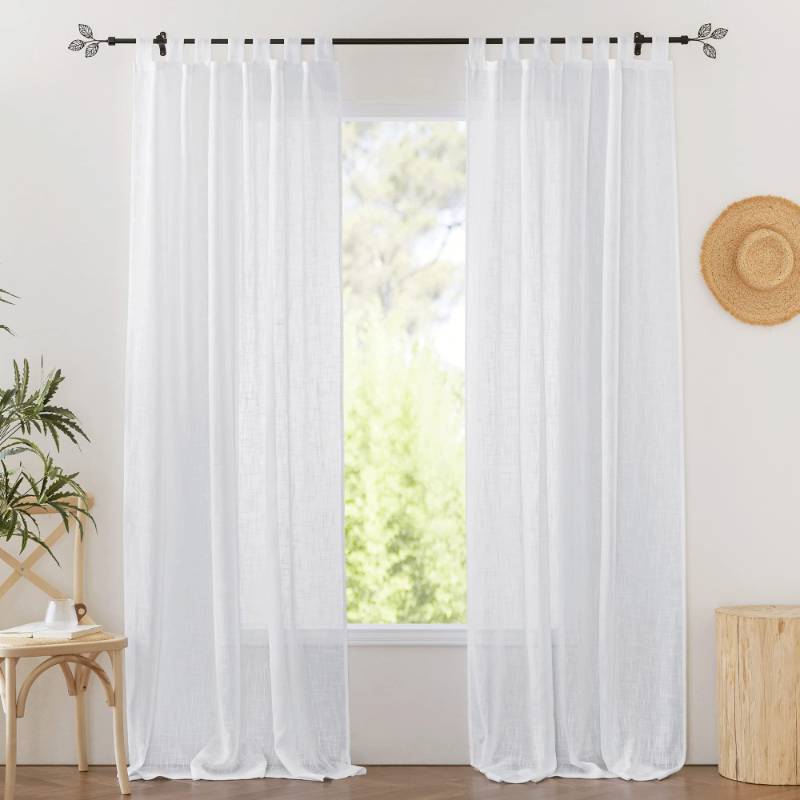lot 61541 image: RYB HOME White Sheer Curtains for Living Room, Linen Textured Sheer Drapes Wall Panels Backdrop Filter Sunlight Glare for Bedroom Office Doorway, W 52 x L 96 inch, 2 Panels, White - Retail $23