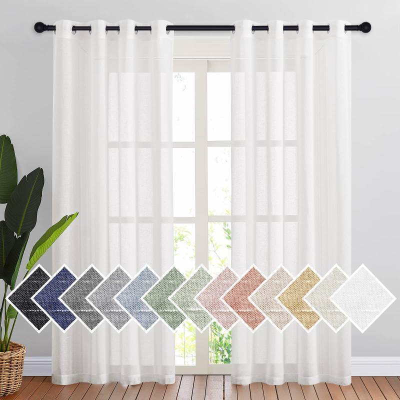 lot 61543 image: NICETOWN White Sheer Linen Curtains for Living Room 84 inch Length 2 Panels Set, Grommet Semi Sheer Privacy with Light Filtering Flax Window Treatments for Bedroom, W52 x L84 - Retail $20