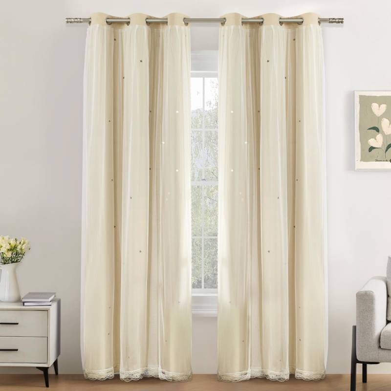 lot 61546 image: XiDi Beige Blackout Curtains with Sheer Overlay Star Cut Out Design Warm Color Double Layer Curtains Thermal Noise Reduction Grommet Darpes for Girls Kids Bedroom Living Room 34 x 84 Inches, Set of 2 - Retail $33
