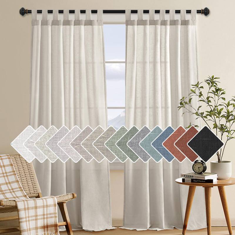 lot 61549 image: H.VERSAILTEX Natural Linen Curtains Linen Textured Semi Sheer Curtain Light Filtering Tab Top Window Treatments Panels Highly Durable Curtain Panels for Bedroom (2 Panels, 52 x 84, Pale Oak) - Retail $30