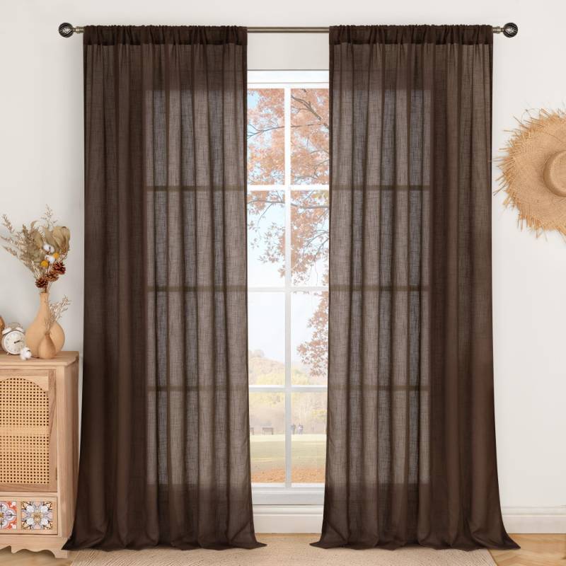 lot 61550 image: BGment Brown Linen Curtains 84 Inch Length 2 Panels for Living Room Windows, Chocolate Semi Sheer Drapes Textured with Rod Pocket for Farmhouse Bedroom Dining Decor Lightweight, Each 52 Inch Wide - Retail $22