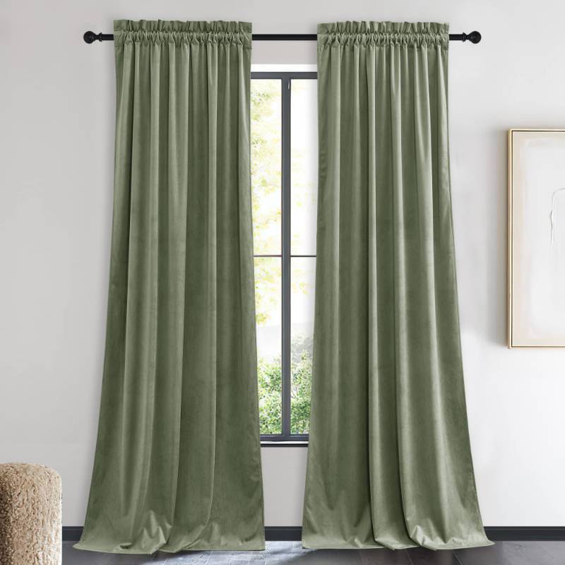 lot 61583 image: NICETOWN Sage Green Velvet Curtains 90 inches Long 2 Panels, Elegant and Sleek Velvet Drapes for Cinema, Hall, Theatre (42-inch Wide) - Retail $28