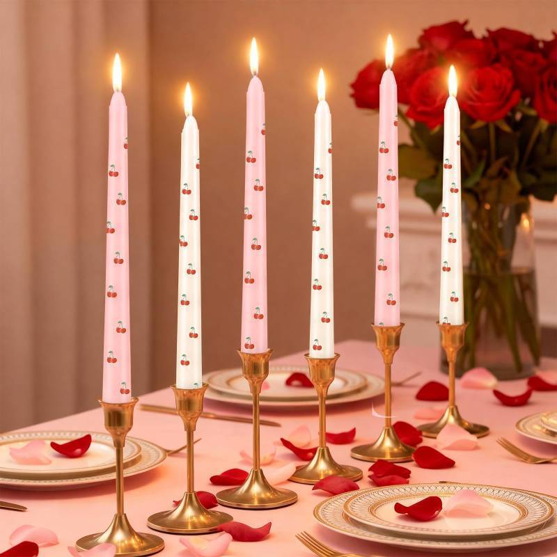 lot 33277 image: Sumind 8 Pack Valentine Cherry Taper Candles 9.8 Inch Hand Painted Pastel Candlesticks Aesthetic Cute Candle for Galentines Day Home Dinner Wedding Party Holiday Decor Table Centerpieces, Unscented - Retail $6