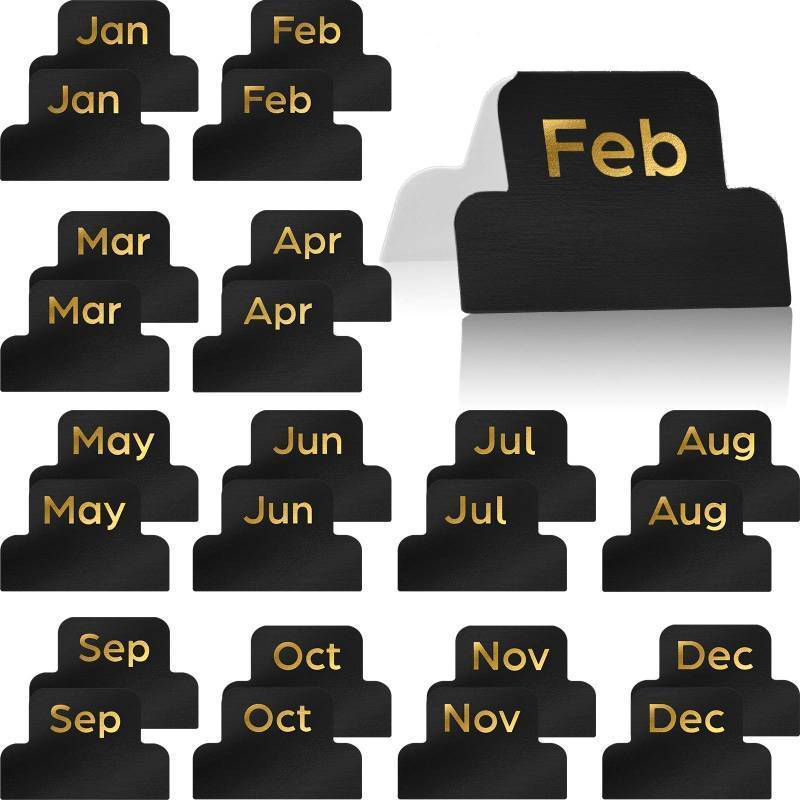 lot 41344 image: Outus 24 Pieces Monthly Adhesive Tabs for Planner - Designer Accessories Monthly Tabs Stickers Decorative for Office Planners Organizations Sturdy Notebook Planners Journal(Black) - Retail $7