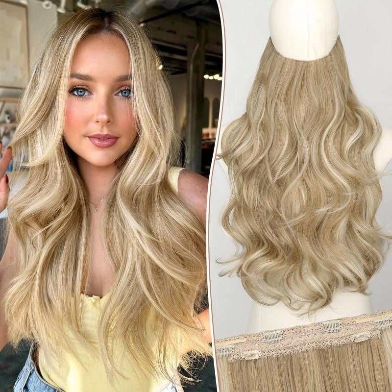lot 41358 image: KooKaStyle Invisible Wire Hair Extensions Long Straight Layered Synthetic with Transparent Headband Adjustable Size 6 Secure Clips Hairpieces for Women(20 Inch, H1860A#Beige Blonde) - Retail $20